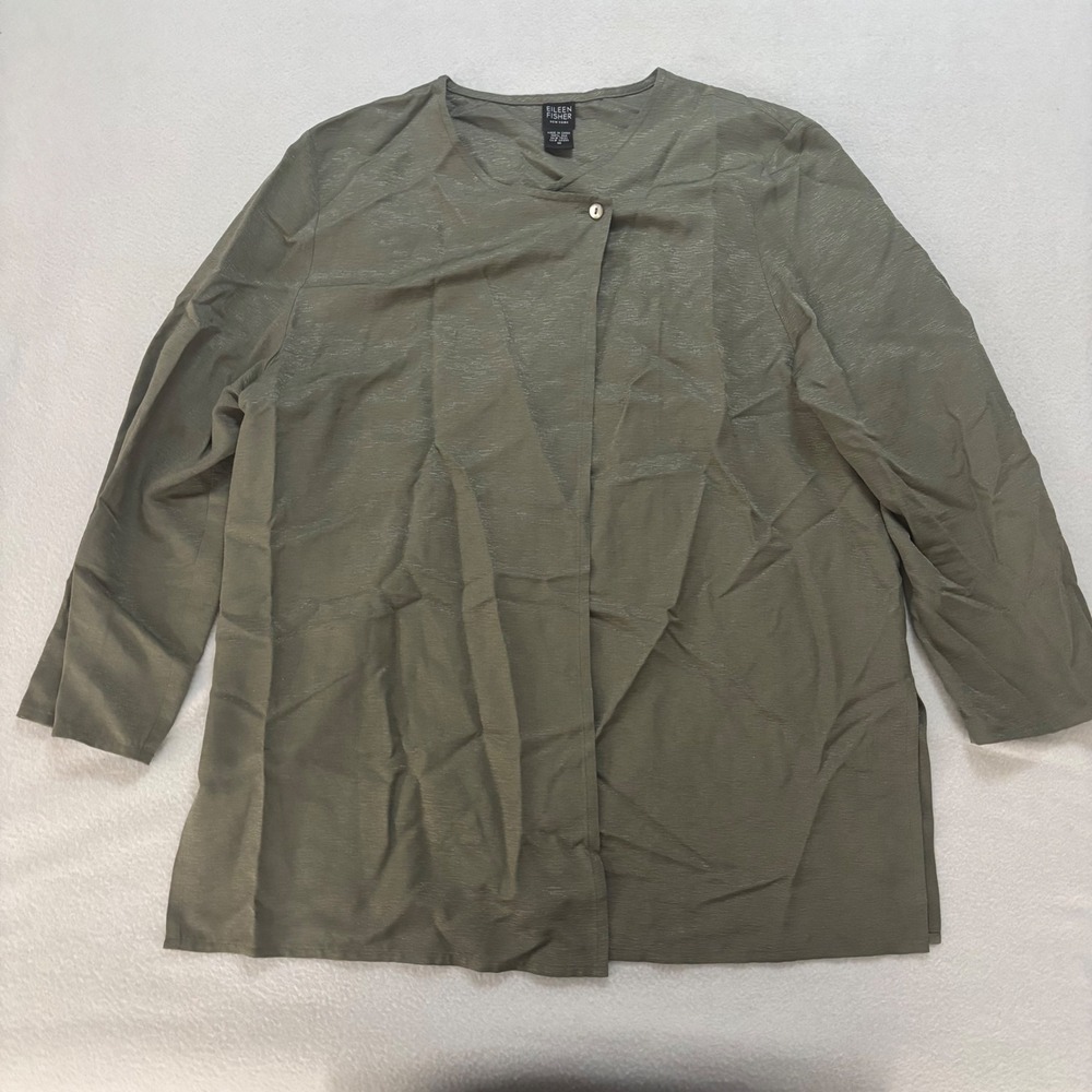 Eileen Fisher Silk Asymmetric Button Blouse Olive Green Long Sleeve Top Medium